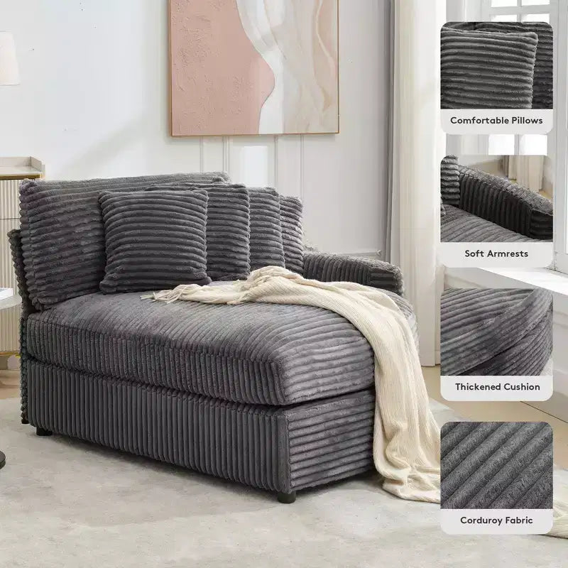 Divano componibile a chaise longue sinistra e destra in velluto a coste, oversize, con 8 cuscini, Divano convertibile imbottito