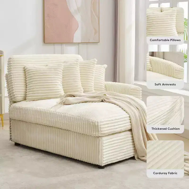 Divano componibile a chaise longue sinistra e destra in velluto a coste, oversize, con 8 cuscini, Divano convertibile imbottito