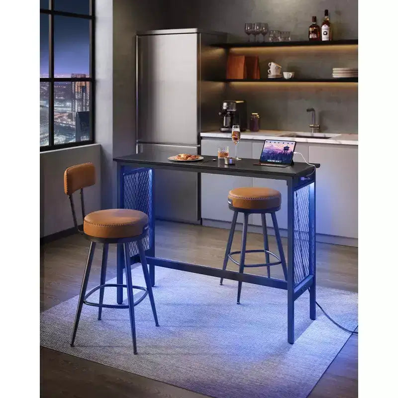 Tavolo da bar, tavolo da bar lungo e stretto 47.2, tavolo alto da cocktail con luci LED, prese di corrente integrate, pannelli in rete, nero e nero opaco