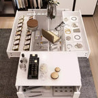 Organizzatore per armadio con piano in vetro bianco, isola per vestiti, cassettiera con ampio spazio, espositore, armadio con isola vanity, organizer per cosmetici.