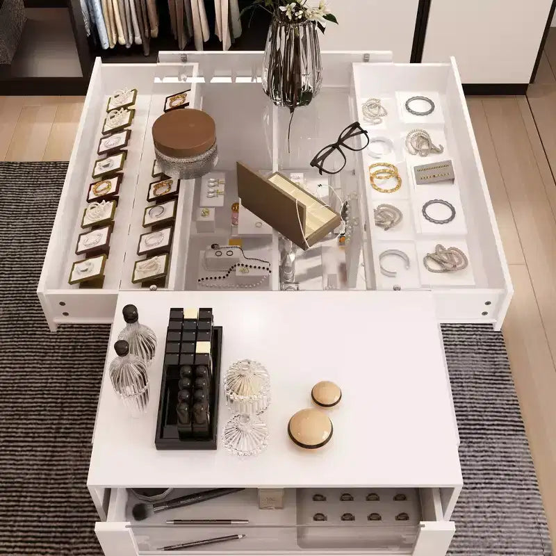 Organizzatore per armadio con piano in vetro bianco, isola per vestiti, cassettiera con ampio spazio, espositore, armadio con isola vanity, organizer per cosmetici.