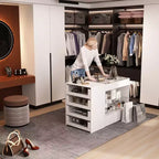Organizzatore per armadio con piano in vetro bianco, isola per vestiti, cassettiera con ampio spazio, espositore, armadio con isola vanity, organizer per cosmetici.