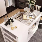 Organizzatore per armadio con piano in vetro bianco, isola per vestiti, cassettiera con ampio spazio, espositore, armadio con isola vanity, organizer per cosmetici.