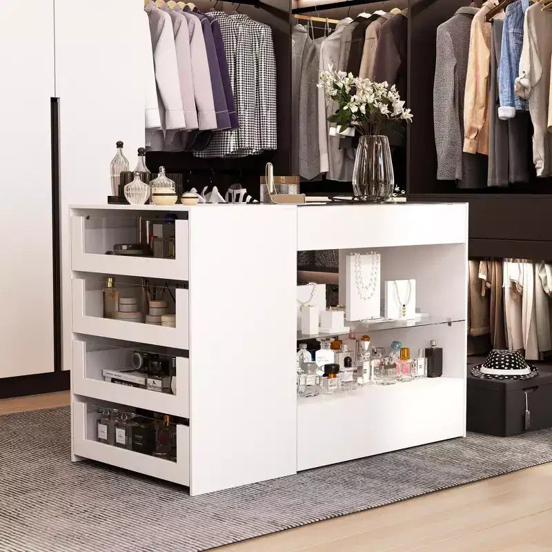 Organizzatore per armadio con piano in vetro bianco, isola per vestiti, cassettiera con ampio spazio, espositore, armadio con isola vanity, organizer per cosmetici.