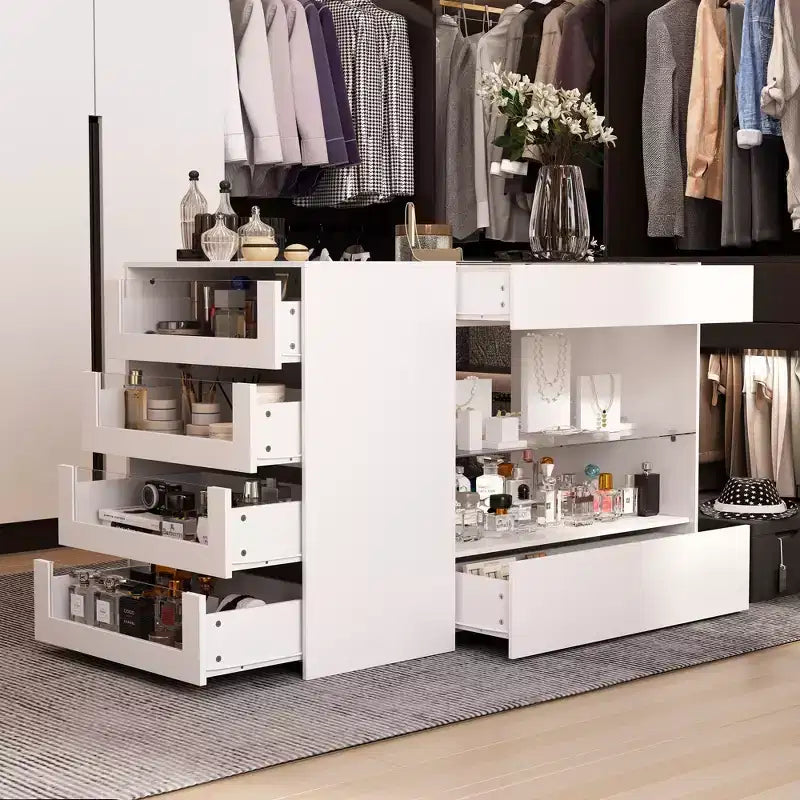 Organizzatore per armadio con piano in vetro bianco, isola per vestiti, cassettiera con ampio spazio, espositore, armadio con isola vanity, organizer per cosmetici.