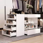 Organizzatore per armadio con piano in vetro bianco, isola per vestiti, cassettiera con ampio spazio, espositore, armadio con isola vanity, organizer per cosmetici.