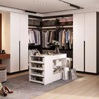 Organizzatore per armadio con piano in vetro bianco, isola per vestiti, cassettiera con ampio spazio, espositore, armadio con isola vanity, organizer per cosmetici.