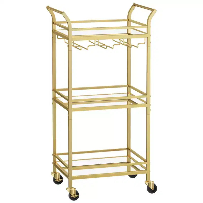 VASAGLE Bar Cart, Home Bar Serving Cart, Small Bar Cart with 3-Tier Shelf, Wine Holders, Glass Holders, Mini Bar Cart Kitchen, Pale Gold