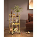 Carrello Bar, Carrello Bar di Servizio per la Casa, Piccolo Carrello Bar con Scaffale a 3 Ripiani, Portabottiglie, Portabicchieri, Carrello Mini Bar Cucina, Oro Chiaro