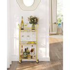 Carrello Bar, Carrello Bar di Servizio per la Casa, Piccolo Carrello Bar con Scaffale a 3 Ripiani, Portabottiglie, Portabicchieri, Carrello Mini Bar Cucina, Oro Chiaro