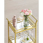 Carrello Bar, Carrello Bar di Servizio per la Casa, Piccolo Carrello Bar con Scaffale a 3 Ripiani, Portabottiglie, Portabicchieri, Carrello Mini Bar Cucina, Oro Chiaro