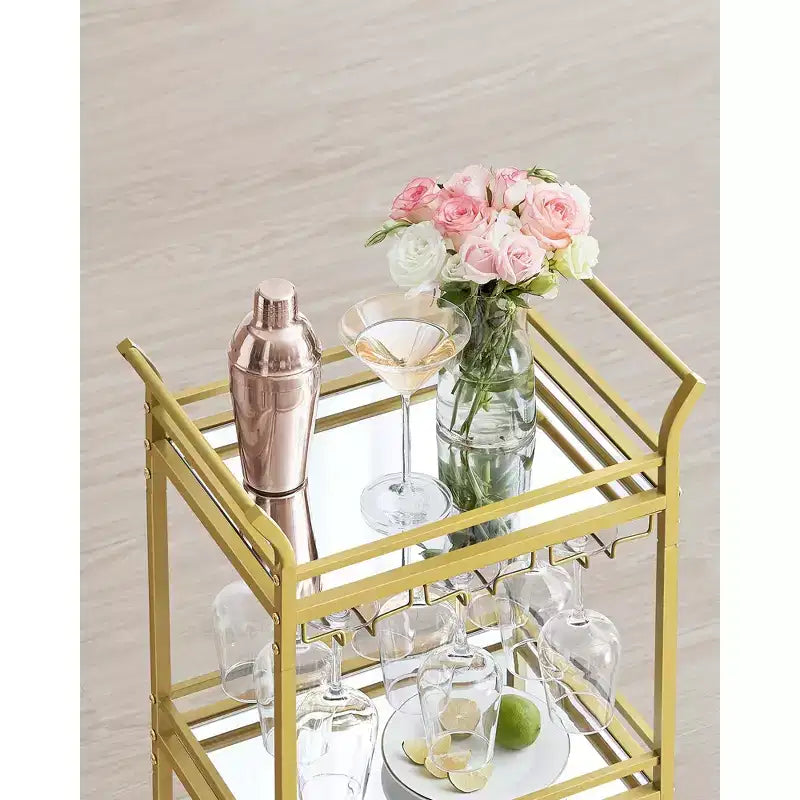 Carrello Bar, Carrello Bar di Servizio per la Casa, Piccolo Carrello Bar con Scaffale a 3 Ripiani, Portabottiglie, Portabicchieri, Carrello Mini Bar Cucina, Oro Chiaro