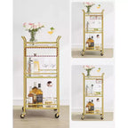 Carrello Bar, Carrello Bar di Servizio per la Casa, Piccolo Carrello Bar con Scaffale a 3 Ripiani, Portabottiglie, Portabicchieri, Carrello Mini Bar Cucina, Oro Chiaro