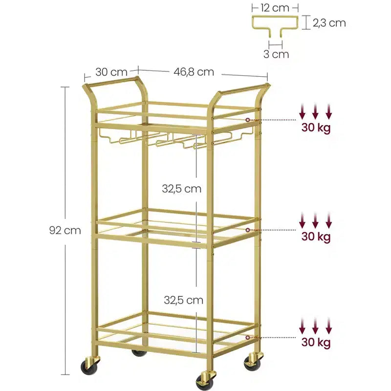 Carrello Bar, Carrello Bar di Servizio per la Casa, Piccolo Carrello Bar con Scaffale a 3 Ripiani, Portabottiglie, Portabicchieri, Carrello Mini Bar Cucina, Oro Chiaro