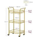 Carrello Bar, Carrello Bar di Servizio per la Casa, Piccolo Carrello Bar con Scaffale a 3 Ripiani, Portabottiglie, Portabicchieri, Carrello Mini Bar Cucina, Oro Chiaro