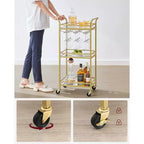 Carrello Bar, Carrello Bar di Servizio per la Casa, Piccolo Carrello Bar con Scaffale a 3 Ripiani, Portabottiglie, Portabicchieri, Carrello Mini Bar Cucina, Oro Chiaro