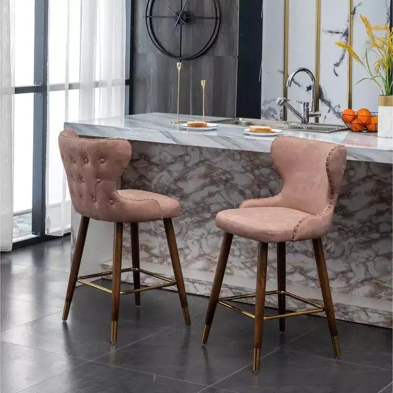 Sgabello da bancone Roundhill Furniture Nevis moderno di metà secolo in similpelle con bottoni e borchie, rosa, set da 2