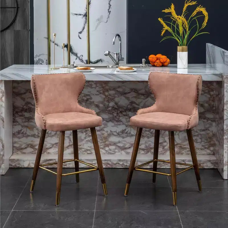 Sgabello da bancone Roundhill Furniture Nevis moderno di metà secolo in similpelle con bottoni e borchie, rosa, set da 2