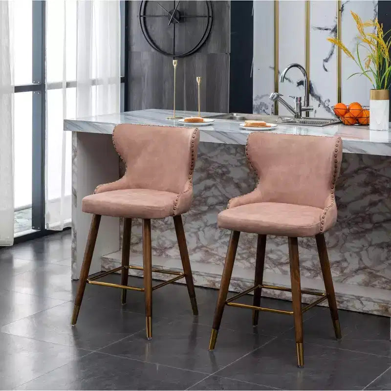 Sgabello da bancone Roundhill Furniture Nevis moderno di metà secolo in similpelle con bottoni e borchie, rosa, set da 2