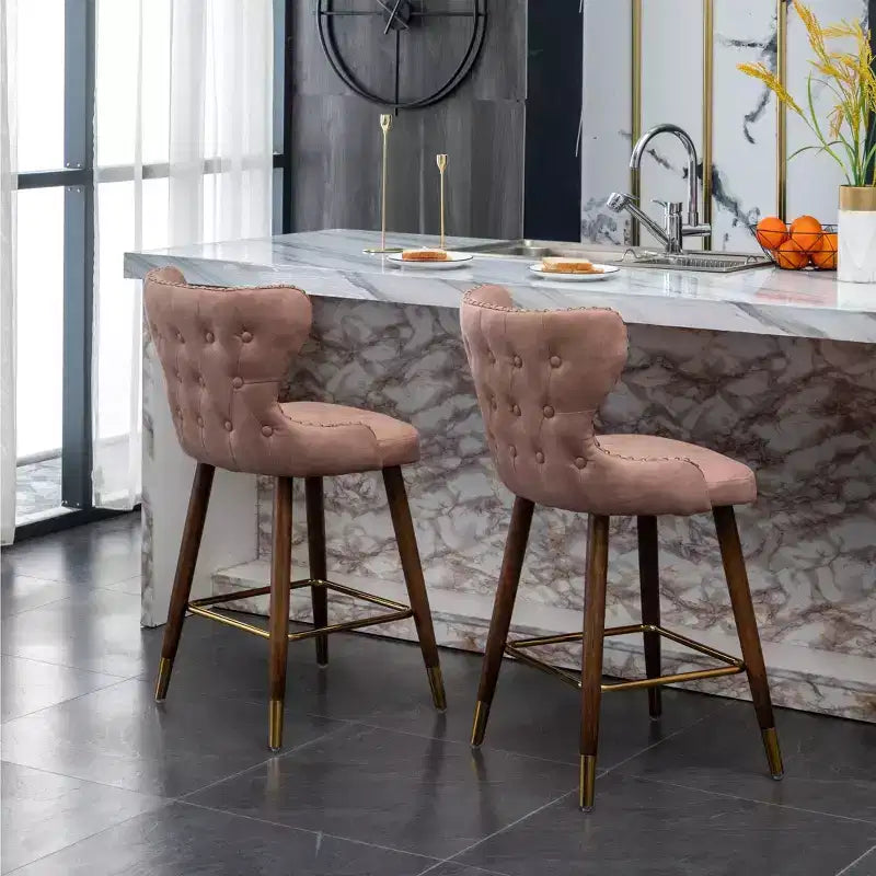 Sgabello da bancone Roundhill Furniture Nevis moderno di metà secolo in similpelle con bottoni e borchie, rosa, set da 2