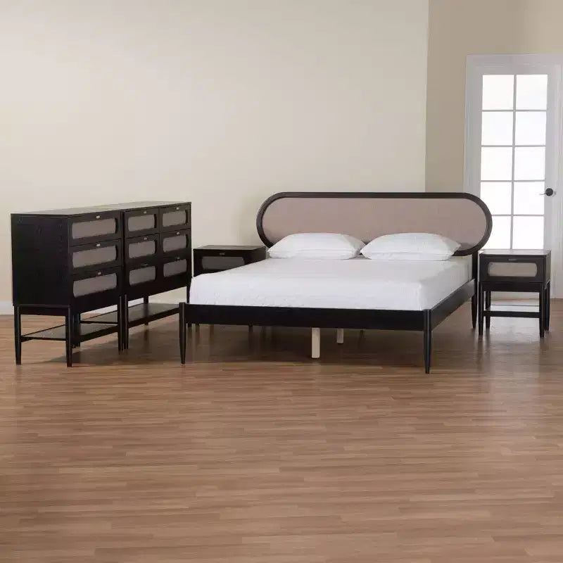 Set camera da letto Queen Baxton Studio Shirin Mid-Century 5 pezzi, in tessuto beige e legno nero