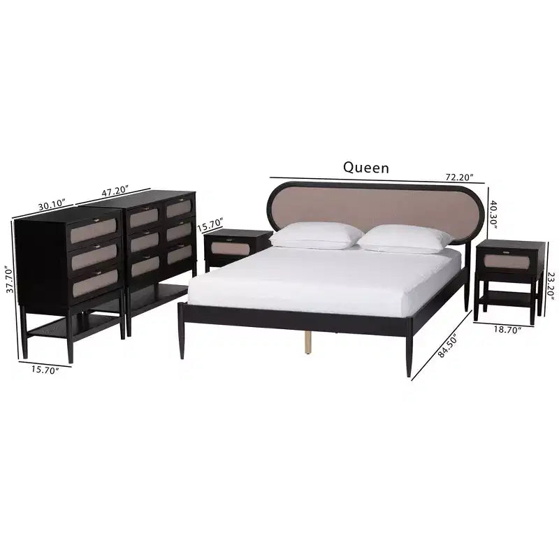 Set camera da letto Queen Baxton Studio Shirin Mid-Century 5 pezzi, in tessuto beige e legno nero