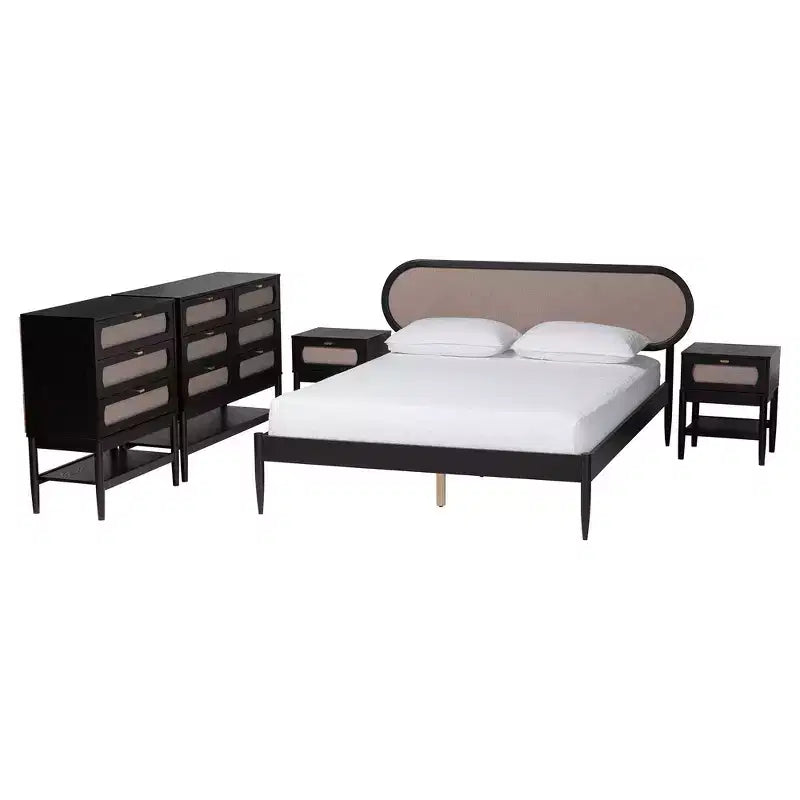 Set camera da letto Queen Baxton Studio Shirin Mid-Century 5 pezzi, in tessuto beige e legno nero