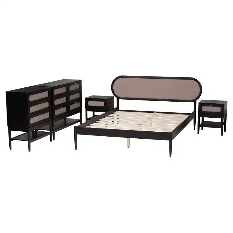 Set camera da letto Queen Baxton Studio Shirin Mid-Century 5 pezzi, in tessuto beige e legno nero