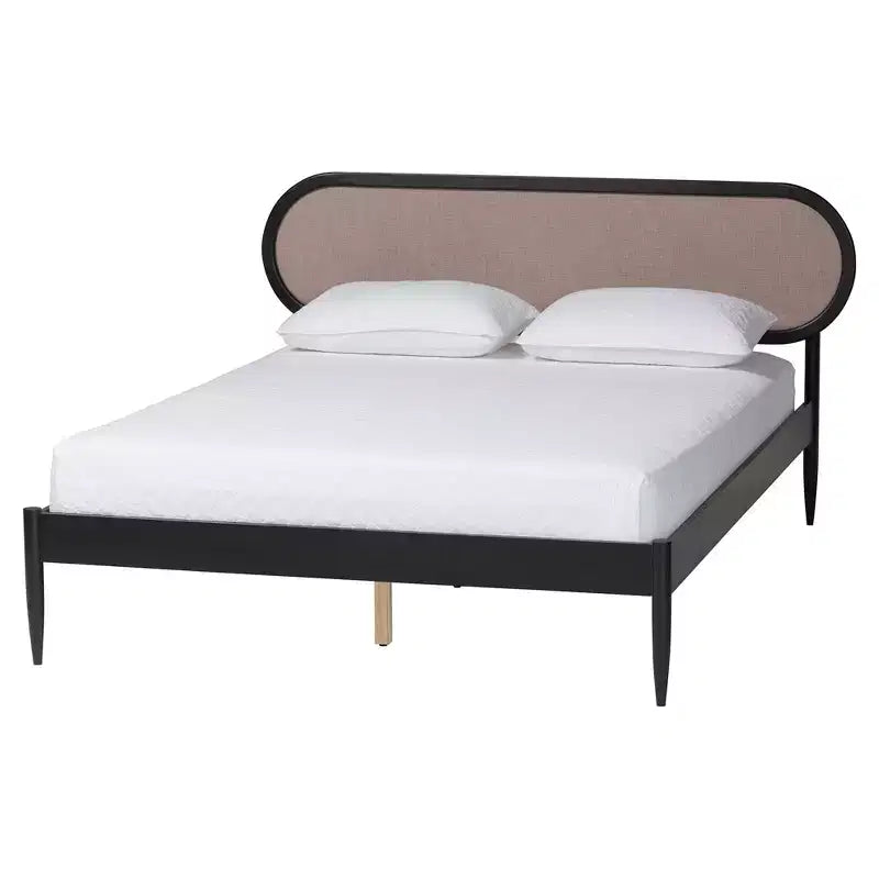 Set camera da letto Queen Baxton Studio Shirin Mid-Century 5 pezzi, in tessuto beige e legno nero
