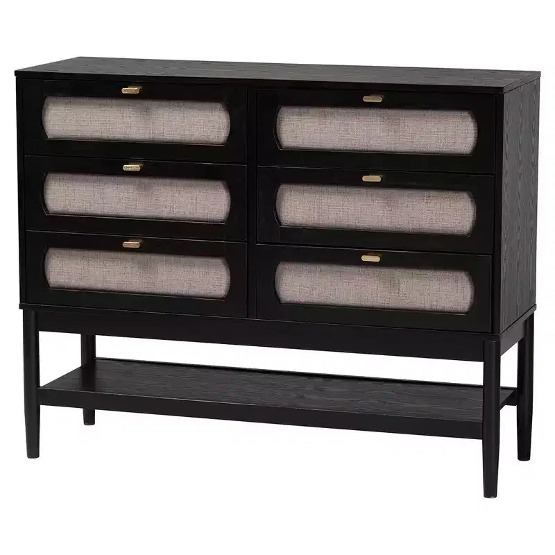 Set camera da letto Queen Baxton Studio Shirin Mid-Century 5 pezzi, in tessuto beige e legno nero