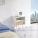 Tavolino in rattan con cassetto e gambe in legno massello, comodino/tavolino da salotto, camera da letto, bianco