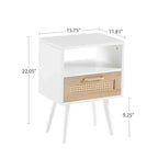 Tavolino in rattan con cassetto e gambe in legno massello, comodino/tavolino da salotto, camera da letto, bianco