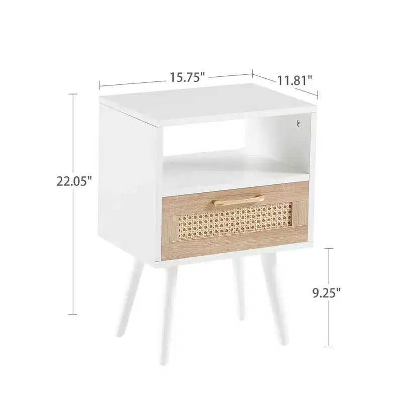 Tavolino in rattan con cassetto e gambe in legno massello, comodino/tavolino da salotto, camera da letto, bianco