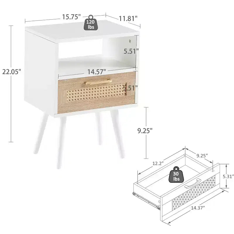 Tavolino in rattan con cassetto e gambe in legno massello, comodino/tavolino da salotto, camera da letto, bianco