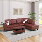 Elegant Red Semi-PU Leather Sectional Sofa - L-Shaped Design, Plush Cushions, Storage Ottoman, Modern Living Room Furniture