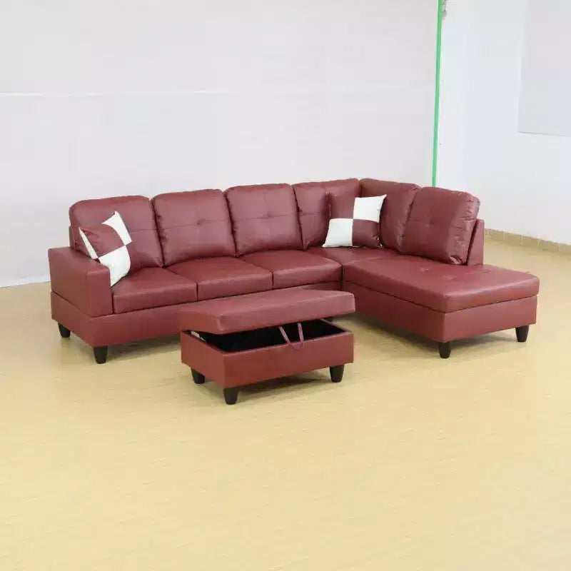 Elegante Divano Sezionale in Ecopelle Rossa - Design a L, Cuscini Morbidi, Pouf Contenitore, Mobili Moderni per Soggiorno