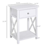 Tavolino laterale, Tavolino da divano rustico con cassetto portaoggetti, ripiano aperto e struttura a X, Comodino per soggiorno, Bianco