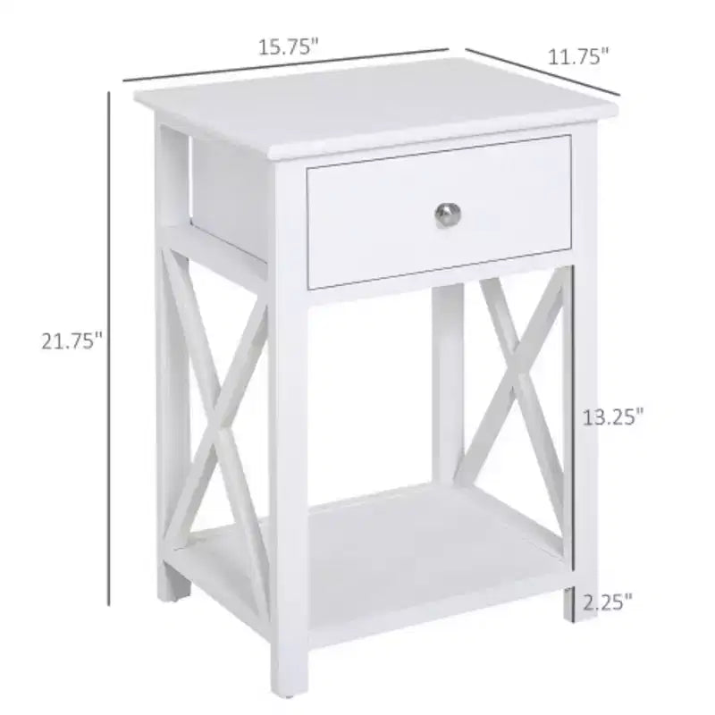 Tavolino laterale, Tavolino da divano rustico con cassetto portaoggetti, ripiano aperto e struttura a X, Comodino per soggiorno, Bianco
