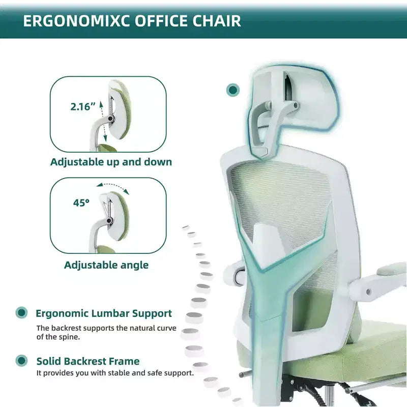 Sedia da ufficio con poggiapiedi a scomparsa, cuscino di supporto lombare e braccioli imbottiti, design ergonomico girevole