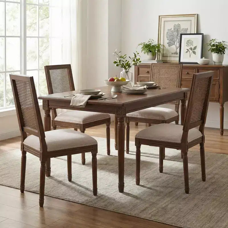 Sedie da pranzo imbottite in legno e canna Country (Set di 4)