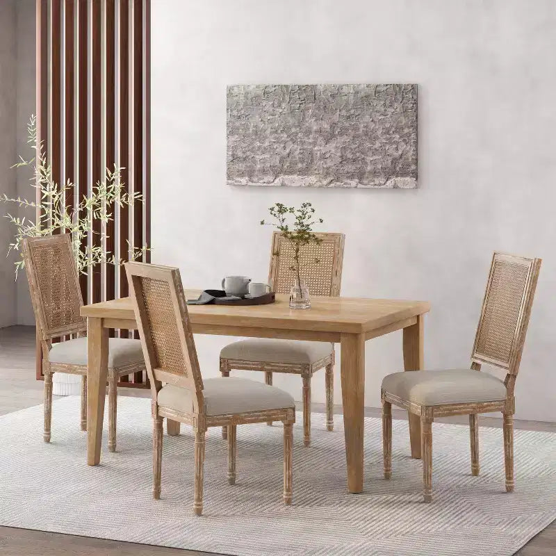 Sedie da pranzo imbottite in legno e canna Country (Set di 4)
