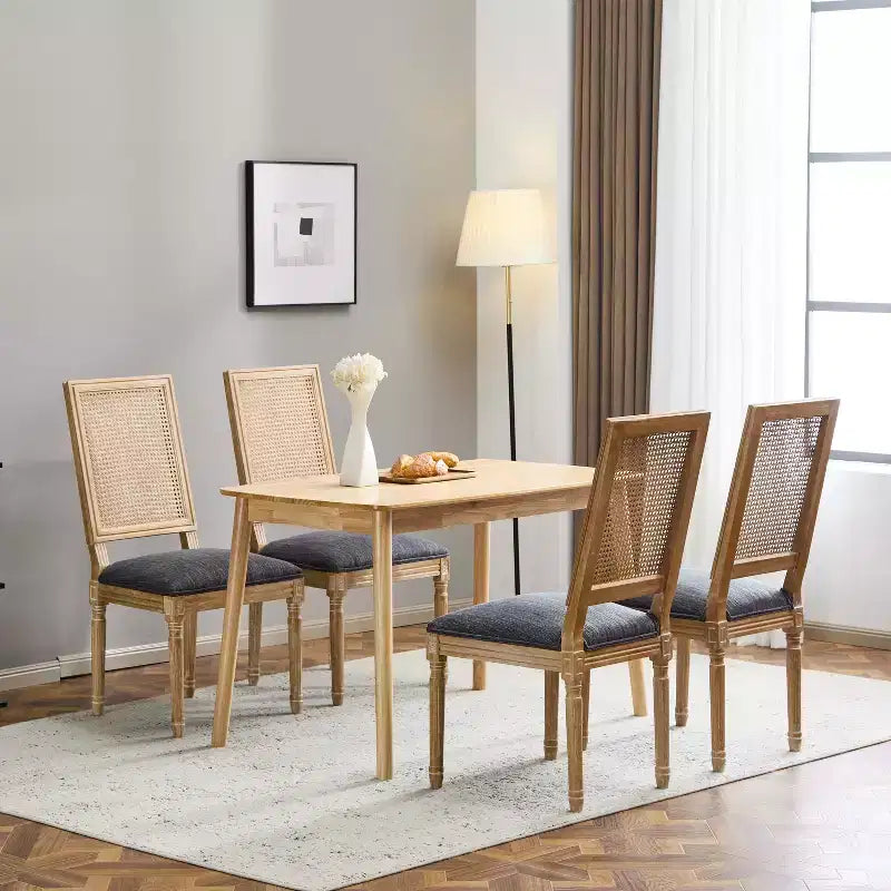 Sedie da pranzo imbottite in legno e canna Country (Set di 4)