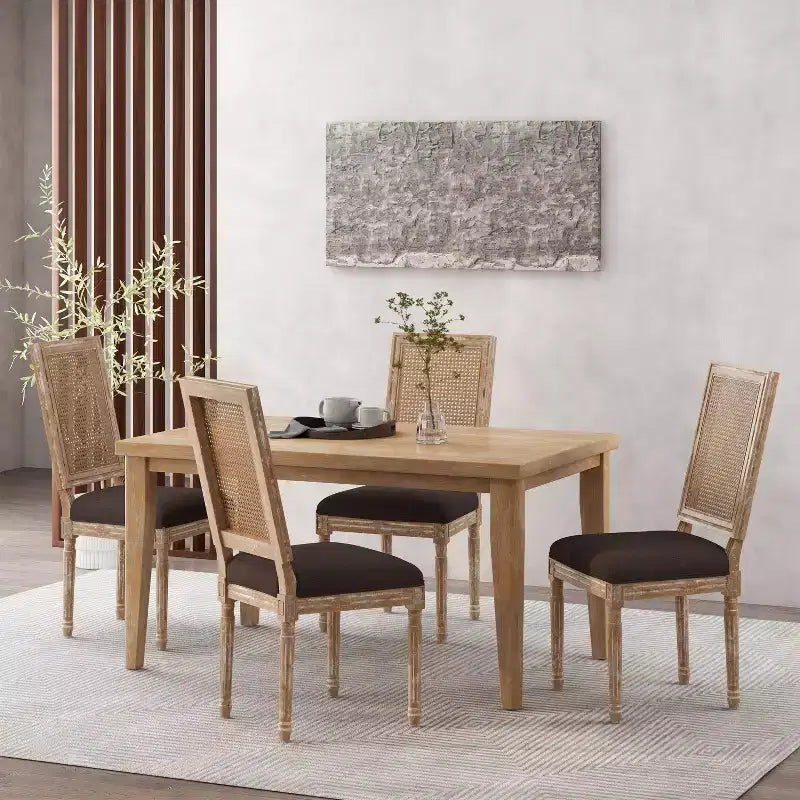 Sedie da pranzo imbottite in legno e canna Country (Set di 4)