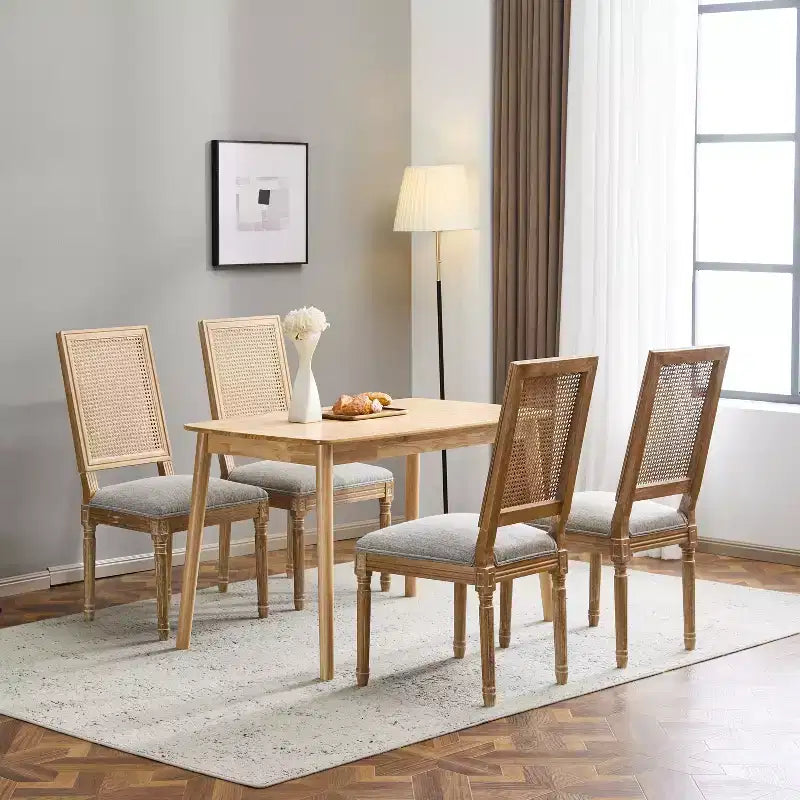 Sedie da pranzo imbottite in legno e canna Country (Set di 4)