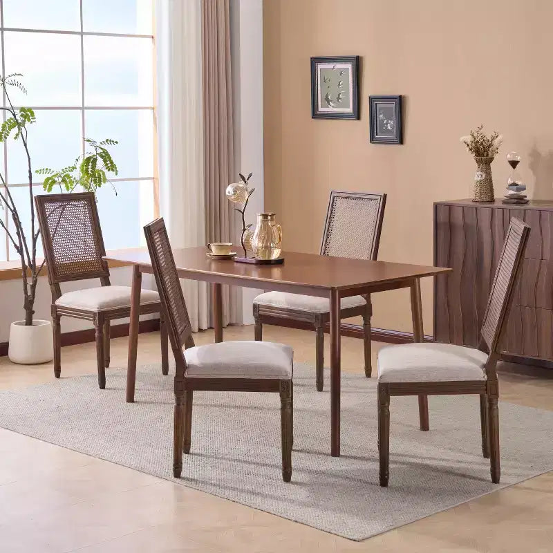 Sedie da pranzo imbottite in legno e canna Country (Set di 4)