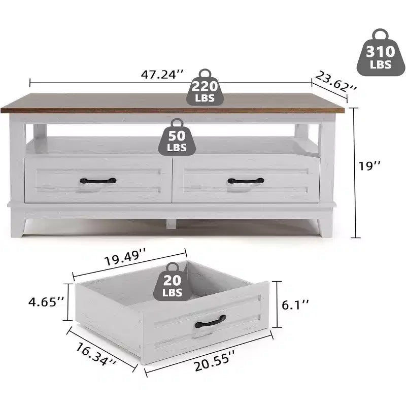 Tavolino da caffè stile rustico, 2 cassetti e ripiano aperto, 47,24 Tavolo rettangolare centrale, Struttura stabile a 6 gambe