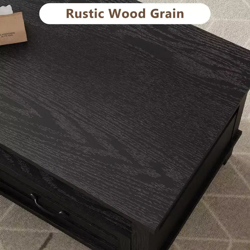 Tavolino da caffè stile rustico, 2 cassetti e ripiano aperto, 47,24 Tavolo rettangolare centrale, Struttura stabile a 6 gambe
