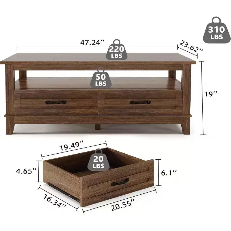 Tavolino da caffè stile rustico, 2 cassetti e ripiano aperto, 47,24 Tavolo rettangolare centrale, Struttura stabile a 6 gambe