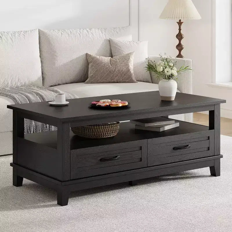 Acekool Farmhouse Coffee Table, 2 Drawers & Open Shelf, 47.24 Rectangular Center Table, Stable 6-Leg Structure