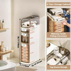 Mobiletto Salvaspazio per Bagno Sottile a 4 Ripiani, Mobiletto Bagno Stretto con Cassetti e Portatovaglioli, Contenitore Sottile Impermeabile in Plastica per Spazi Stretti in Cucina